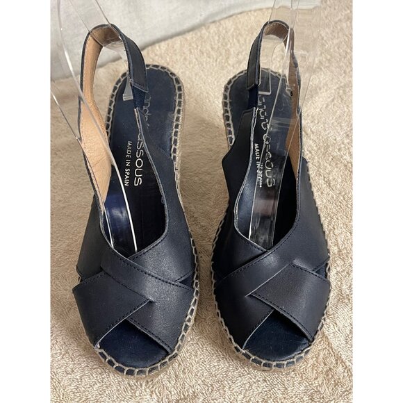 Andre Assous Women's Black Leather Espadrille Wedge Sandals Size 7. Made In Spai - Picture 1 of 11